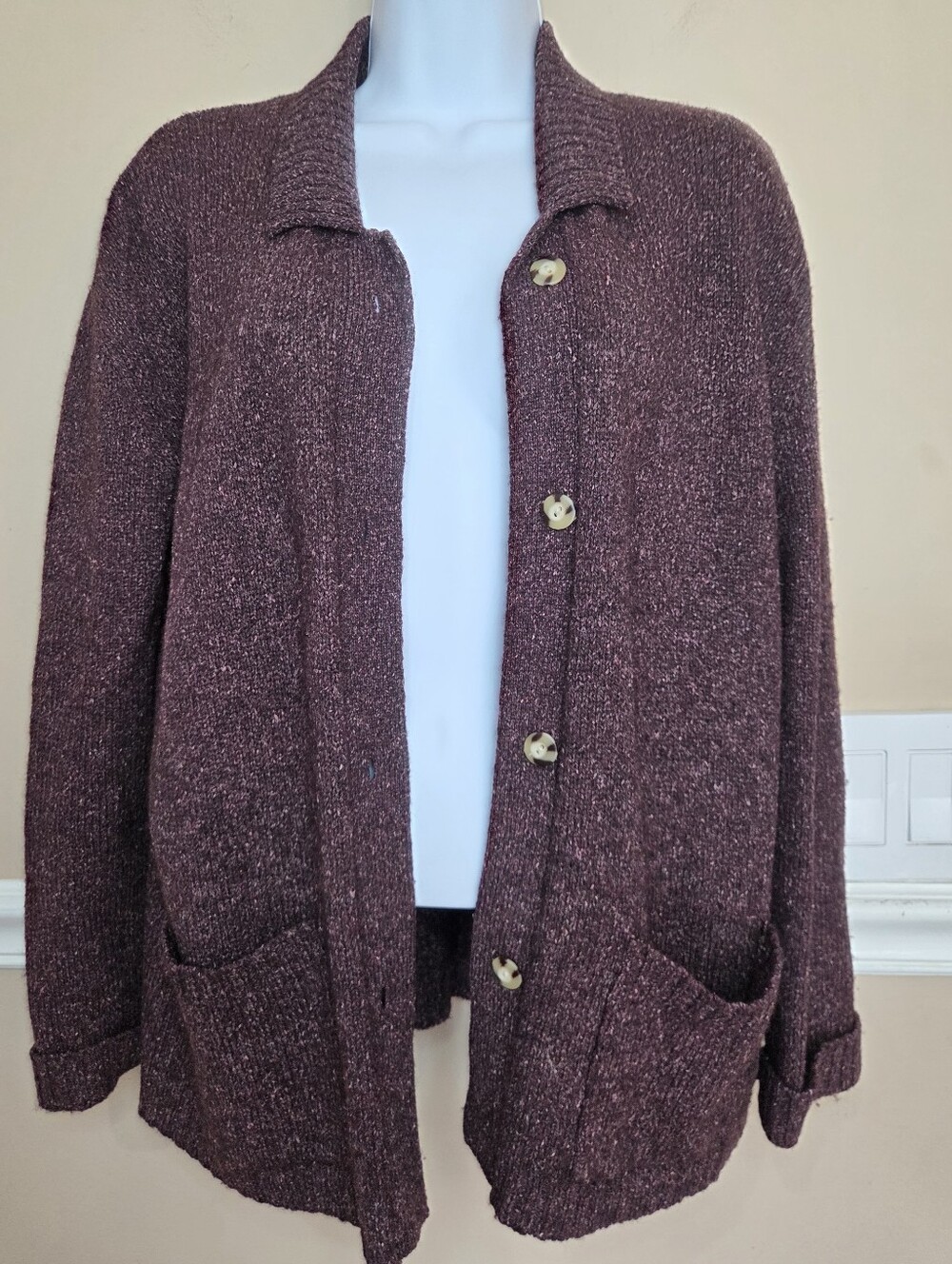 Vintage Eddie Bauer Burgundy Wool Silk Button Cardigan Sweater Size L